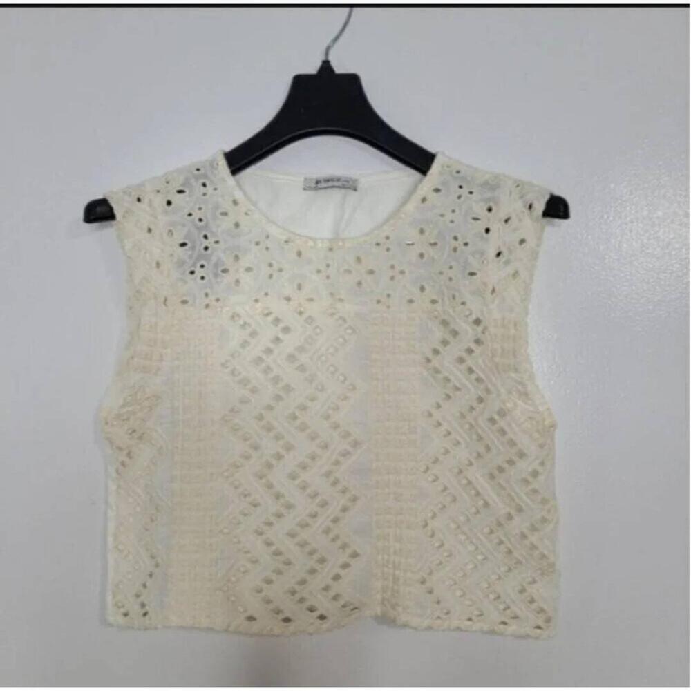 Zara Guipure Embroidery Crop Blouse Lace Short Sleeve Crewneck Size Small - Picture 11 of 12